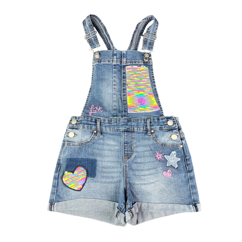 Jordache Girls Blue Denim Rainbow Sequin Patch Shortalls Overalls Size 10-12 L